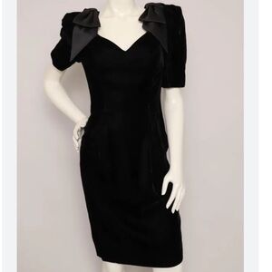 Vintage 80s Bow Shoulder Puff Sleeve Black Velvet Velour Dress with Tags